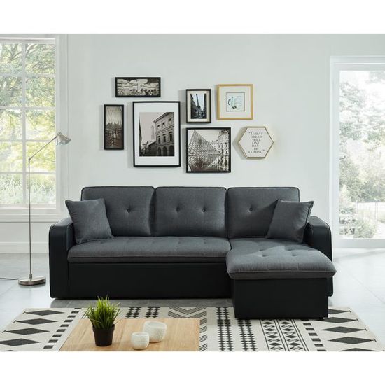 Canapé d’angle CANVAS 4 places tissu gris et PU noir